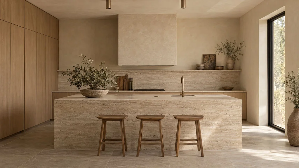 Warm minimalist kitchen with handleless light oak cabinetry, limewash walls and monolithic travertine island