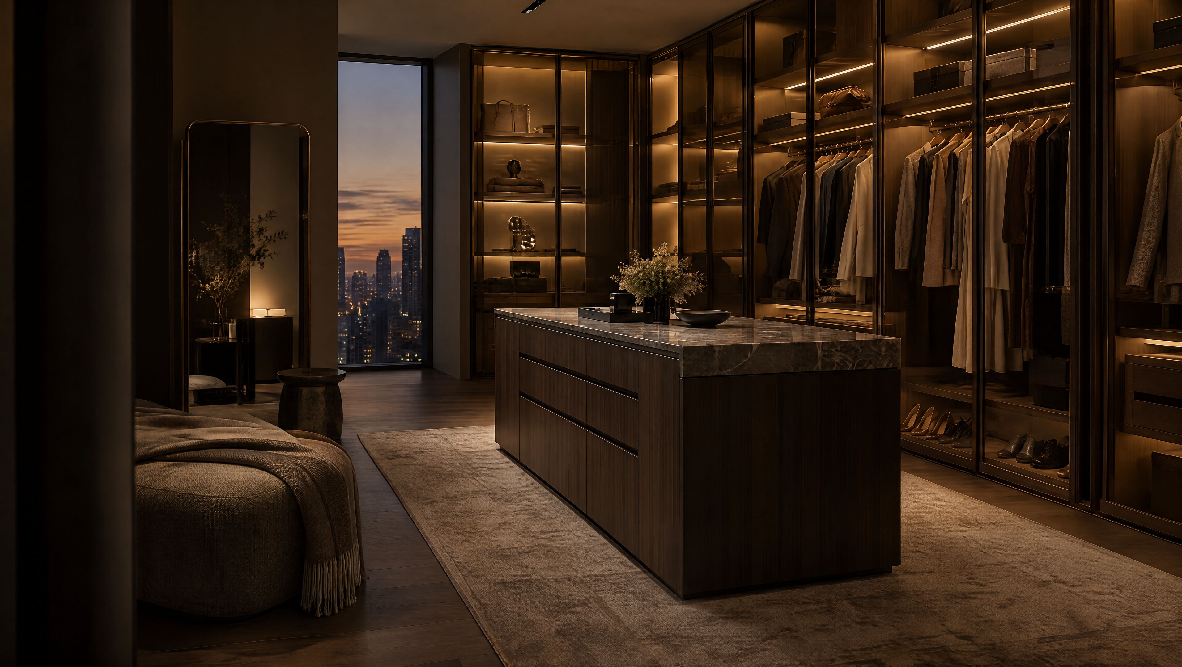 Walnut walk-in closet with glass-front wardrobes, integrated lighting and a center island