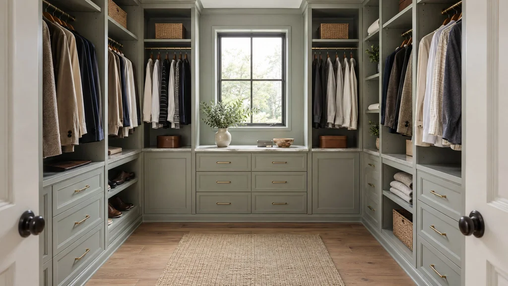 A U-shaped walk-in closet seen from the doorway, painted cabinetry with hanging sections on three walls