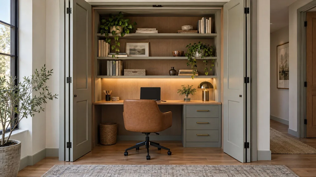 A closet converted into a compact home office with a built-in desk and shelves, doors folded open