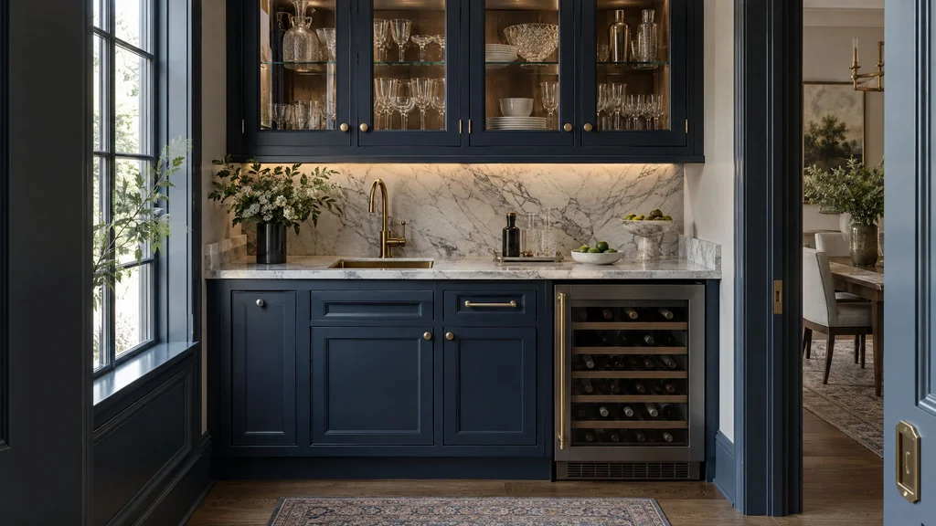 A navy blue butler's pantry with a brass bar sink, glass-front upper cabinets and an undercounter wine fridge