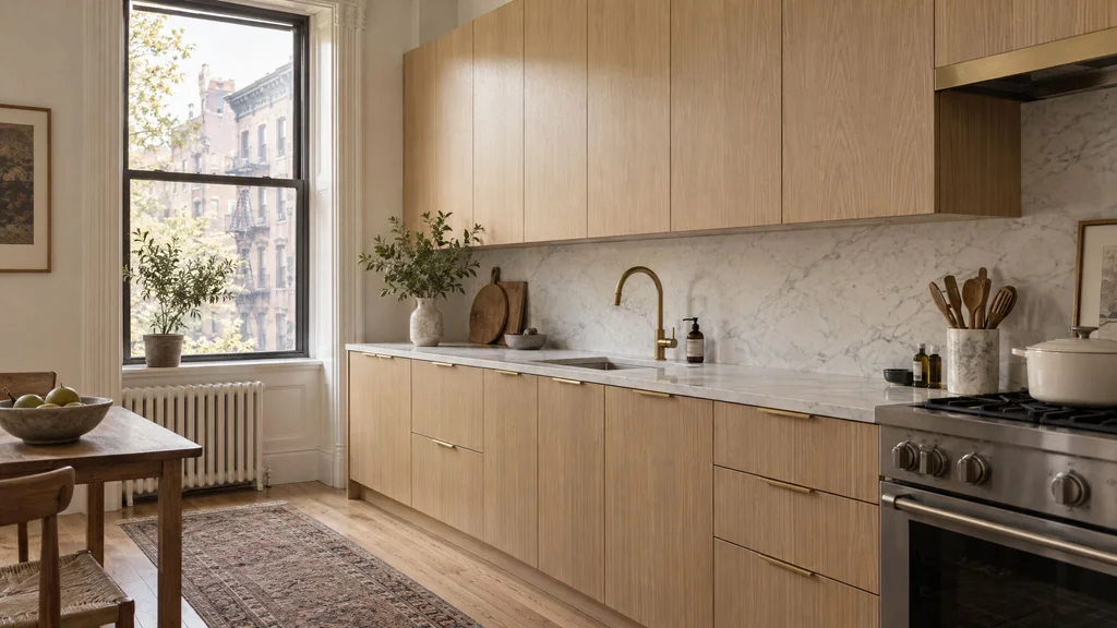 Pre-war New York kitchen with sequence-matched rift white oak slab doors, honed marble counter and satin brass pulls