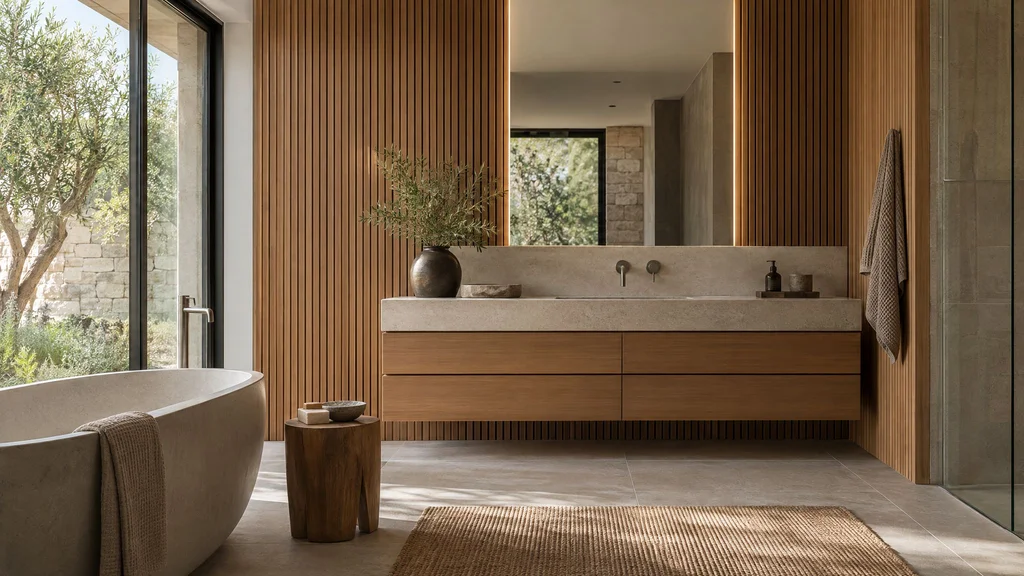 A spa-like bathroom with teak slat walls, a floating vanity and soft daylight