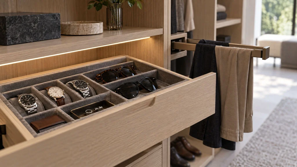 Open rift white oak closet drawer with a felt-lined jewelry tray, an extended valet rod, and LED shelf lighting