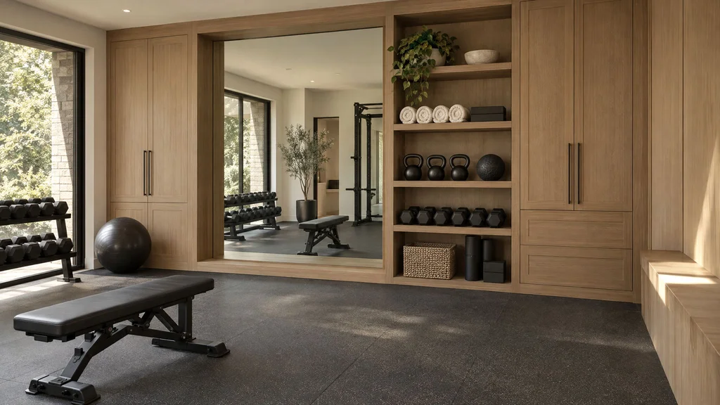 Luxury home gym with white oak storage cabinets, open cubbies with towels and weights, and a wood-framed full-height mirror