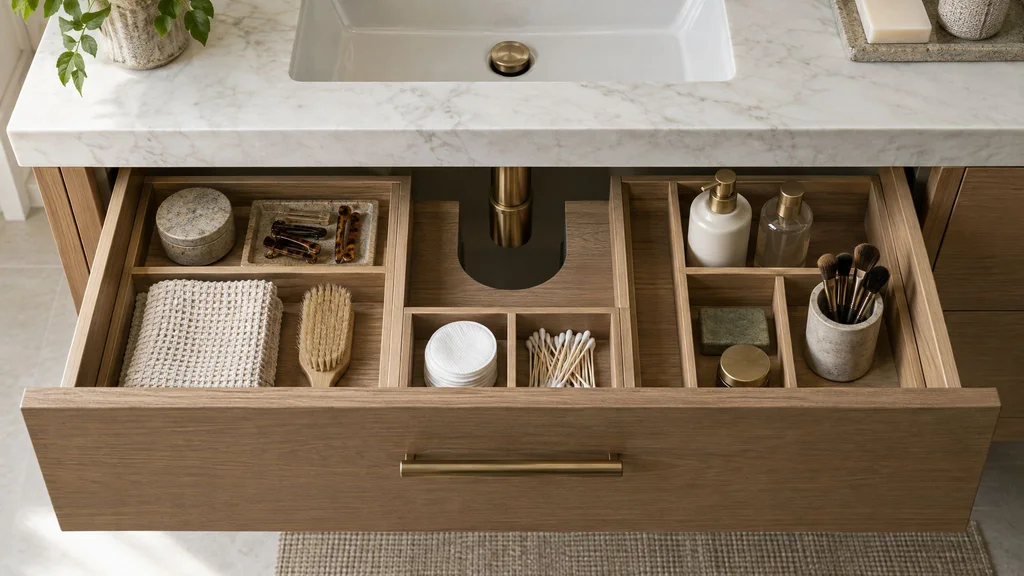 An open vanity drawer with a U-shaped cutout around the plumbing and organized dividers