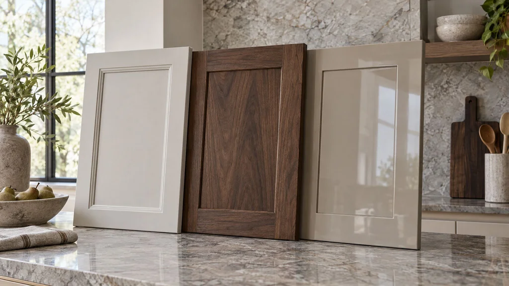 Three kitchen cabinet door samples leaning on a stone counter: one painted, one stained walnut, one high-gloss lacquer