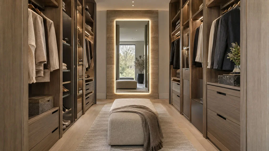 A full-length backlit mirror at the end of a walk-in closet aisle framed by wardrobes