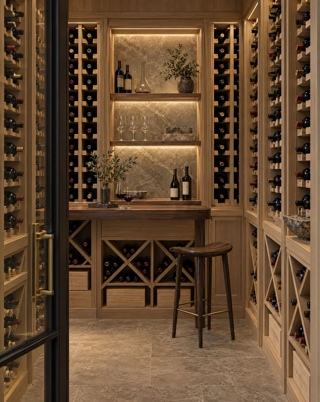 Walk-in wine room with white oak bottle racks, case bins and a backlit display niche