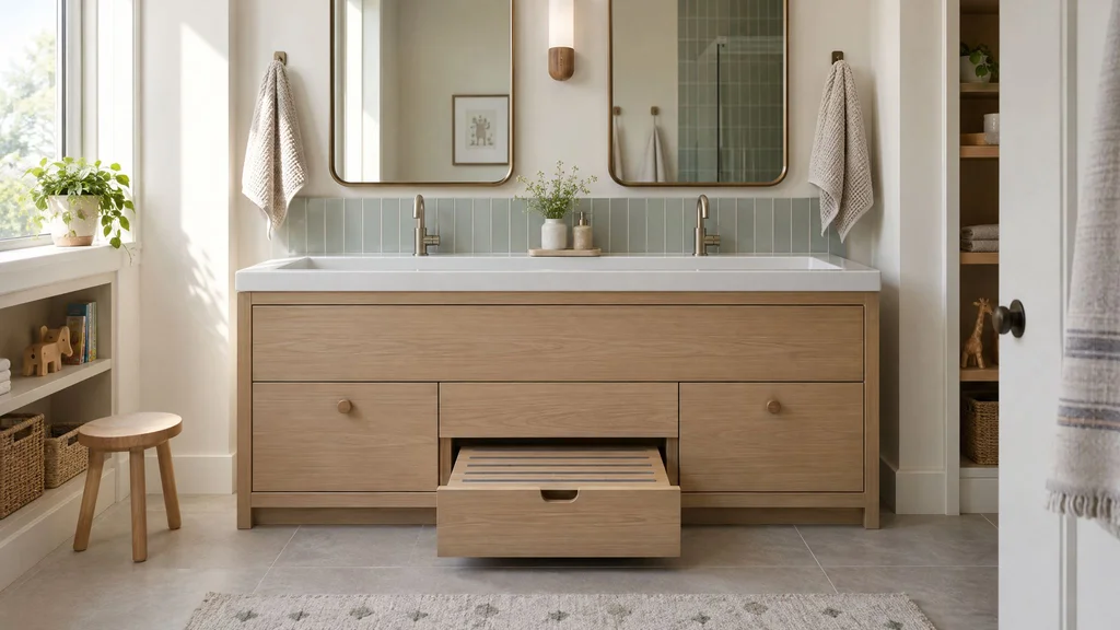 A kids' bathroom vanity with a pull-out step stool, a long trough sink and two faucets
