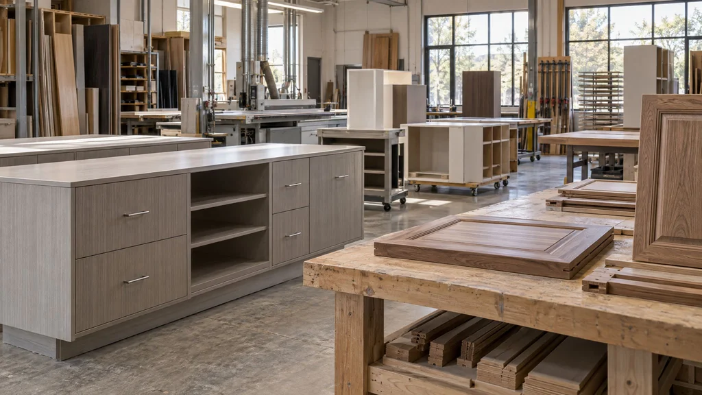 A millwork shop floor with commercial laminate casework and residential cabinet doors being built side by side