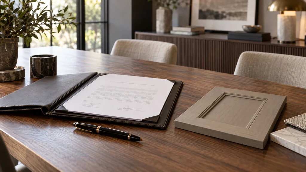 Project agreement folder, fountain pen, and cabinet door finish sample on a walnut conference table