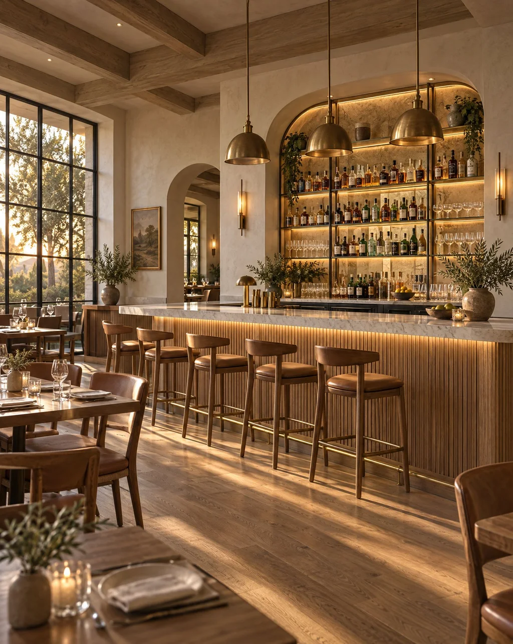 Restaurant bar with a wood bar front, stone top and lit back-bar shelving