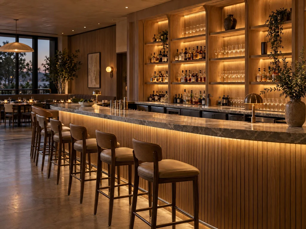 Restaurant bar with a curved white oak slatted front and lit back-bar shelving