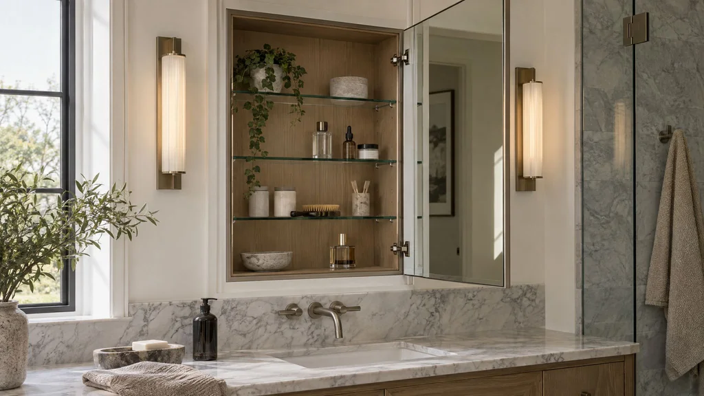 A recessed medicine cabinet with its mirrored door open showing glass shelves