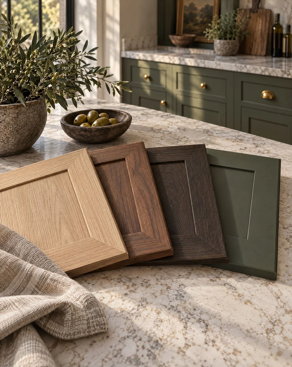 Cabinet door samples in oak, walnut and painted finishes on a marble counter