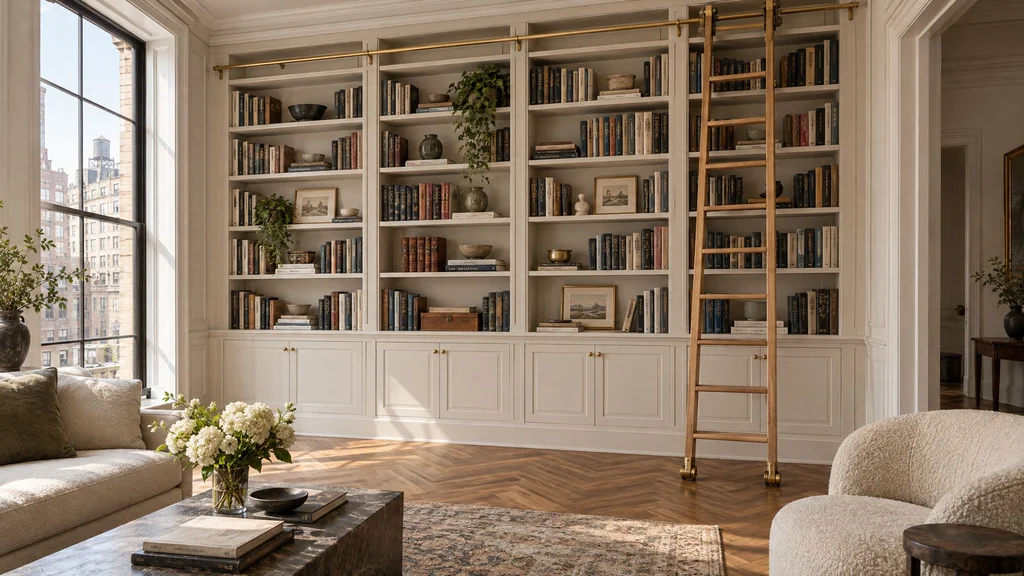Floor-to-ceiling painted built-in bookcases with base cabinets and a rolling oak ladder in a pre-war New York living room