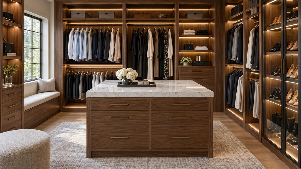 Walnut veneer dressing room with a center island, lit double-hang sections, and glass-front shoe bays in a New Jersey home