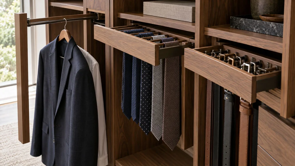 Close-up of walnut closet pull-outs: a valet rod, a tie rack and a pull-out belt organizer