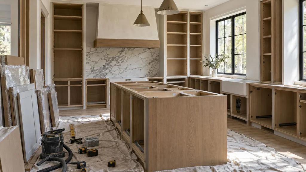 A kitchen mid-installation: new cabinet boxes in place, doors stacked and protected, tools on a drop cloth
