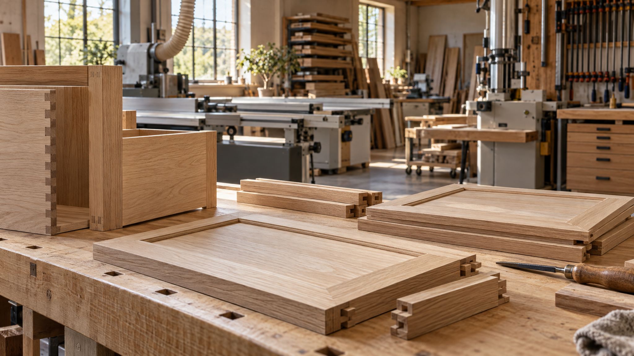 White oak architectural millwork panels on a workbench in a high-end woodworking shop