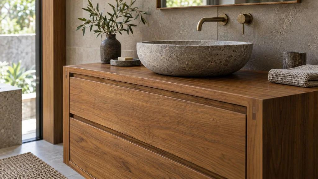 Close-up of a teak bathroom vanity with a water-resistant oiled finish and a stone basin