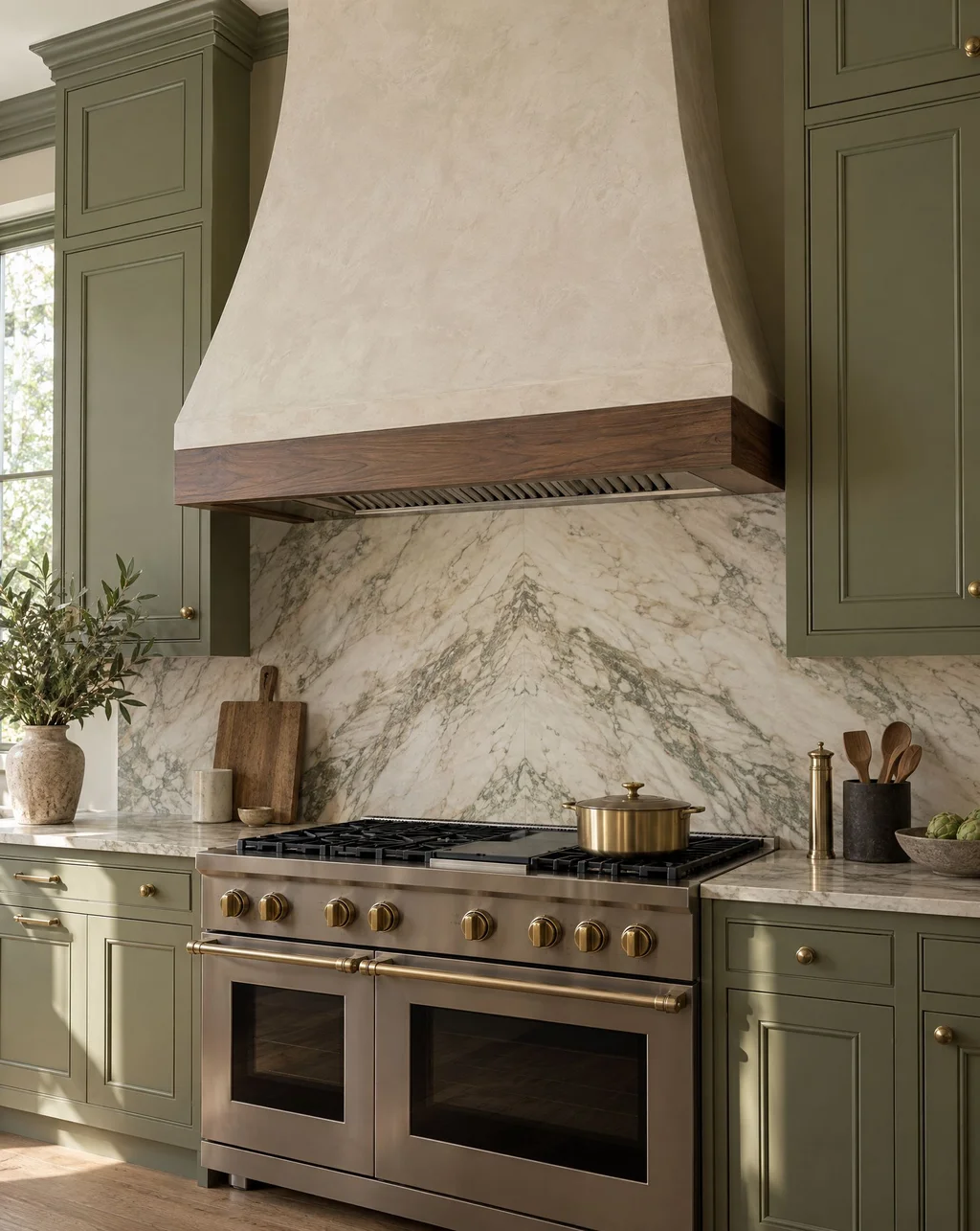 Plaster range hood with a walnut trim band above a professional range and marble backsplash