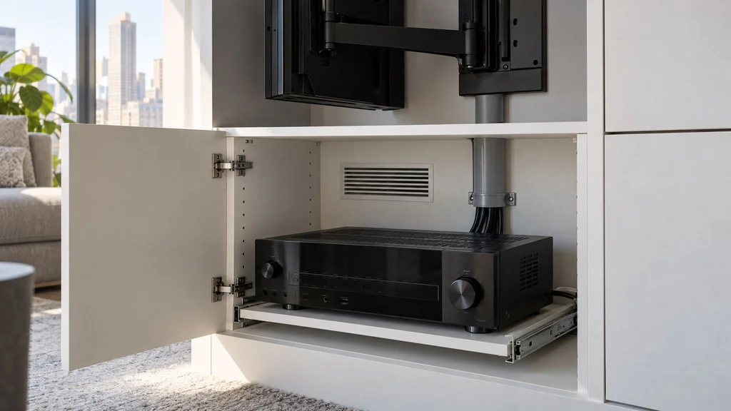 Open painted media cabinet showing an AV receiver on a pull-out shelf, cable conduit and a ventilation grille behind a TV mount