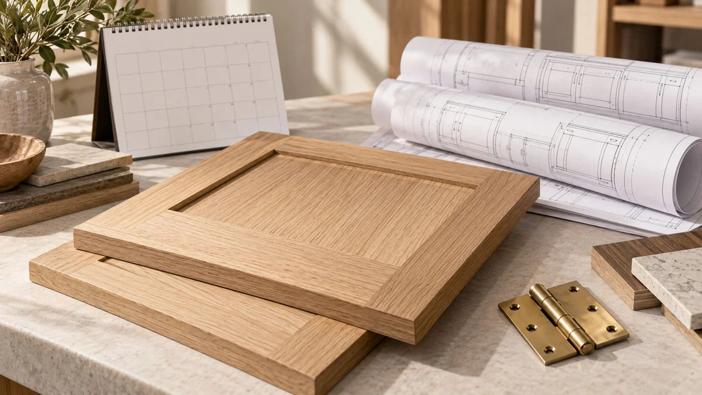 Studio worktable with white oak cabinet door samples, rolled drawings, a brass hinge, and a calendar for a millwork project timeline