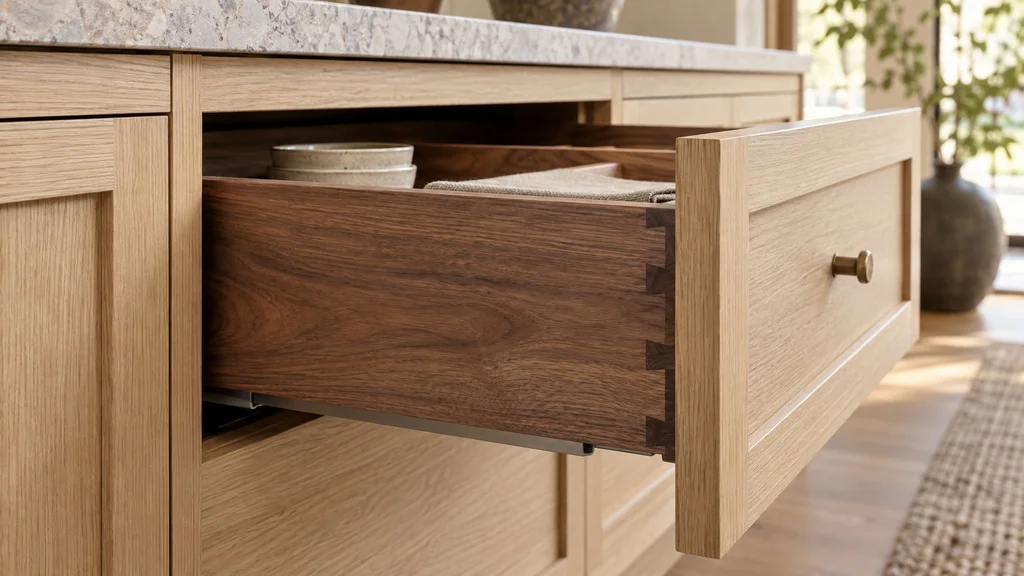 Dovetailed walnut drawer on soft-close undermount slides pulled from a white oak cabinet with crisp door reveals