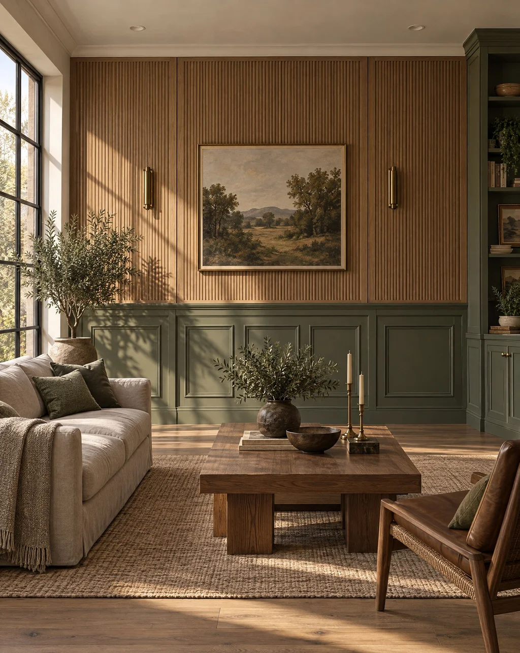 Living room wall with painted lower panels and vertical wood paneling above