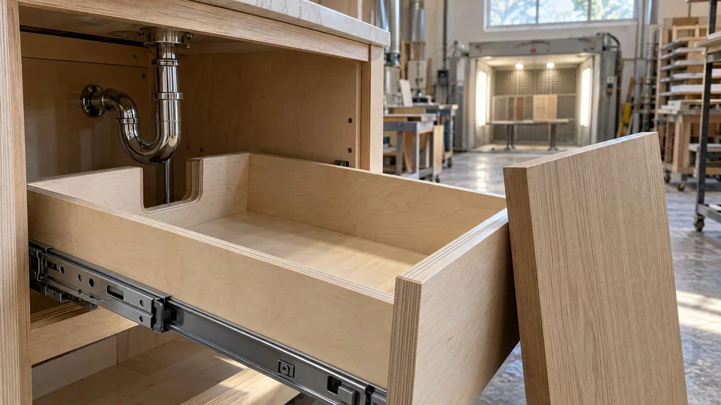 U-shaped maple plywood drawer notched around a chrome P-trap inside a plywood vanity case in a millwork shop