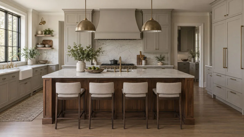 A finished custom kitchen in a suburban home with greige painted shaker cabinets and a walnut island