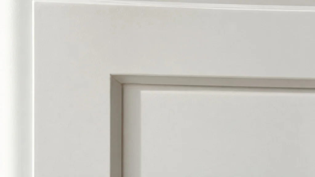 Corner of a painted shaker cabinet door in warm white