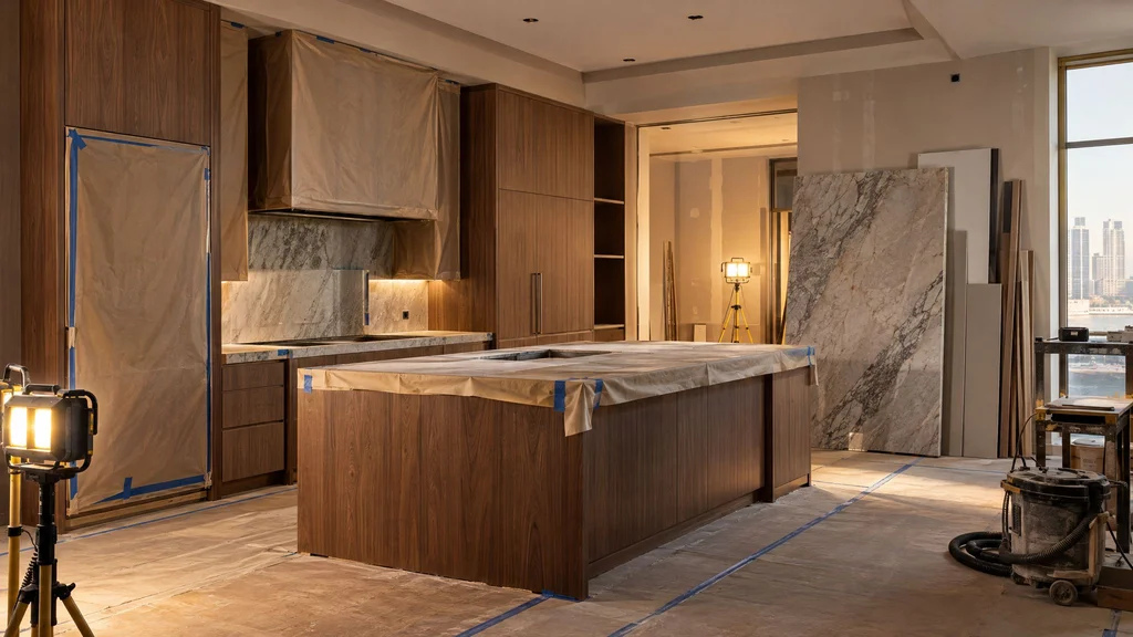 Luxury apartment kitchen mid-renovation with newly installed walnut cabinetry protected on an organized jobsite