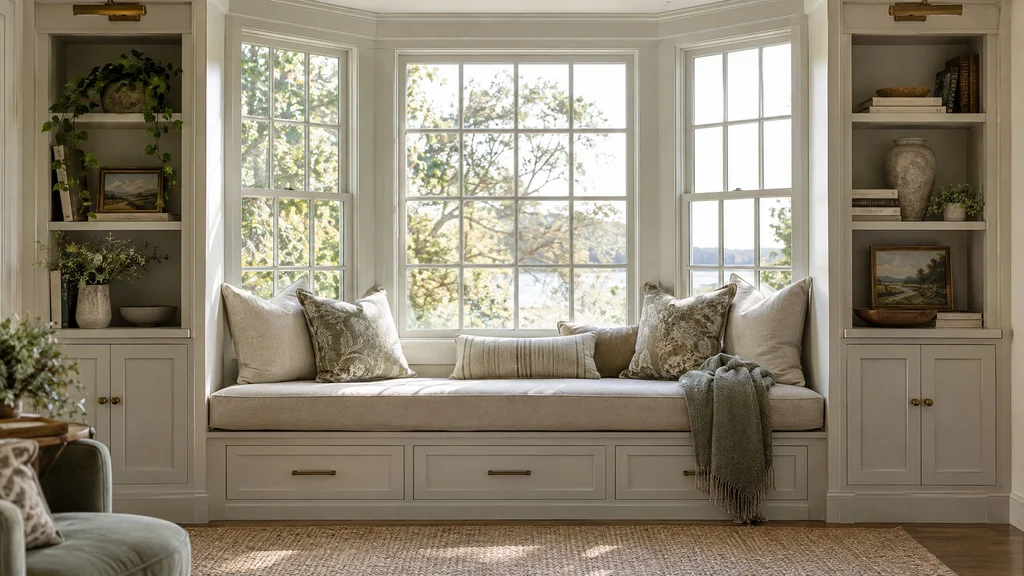 Custom built-in window seat with cushions and deep drawers flanked by painted bookcases in a bay window