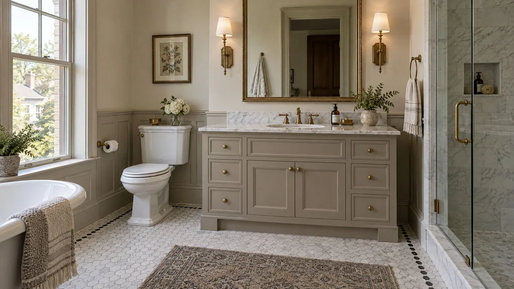 Floor-standing furniture-style vanity painted warm greige with Carrara top and brass sconces in a New Jersey Victorian bathroom