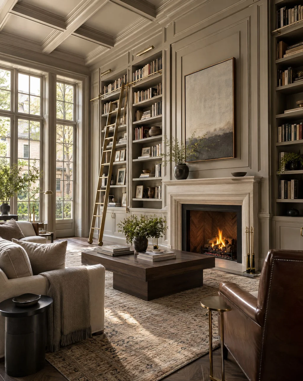 Paneled library with built-in bookcases, a rolling ladder and a stone fireplace surround