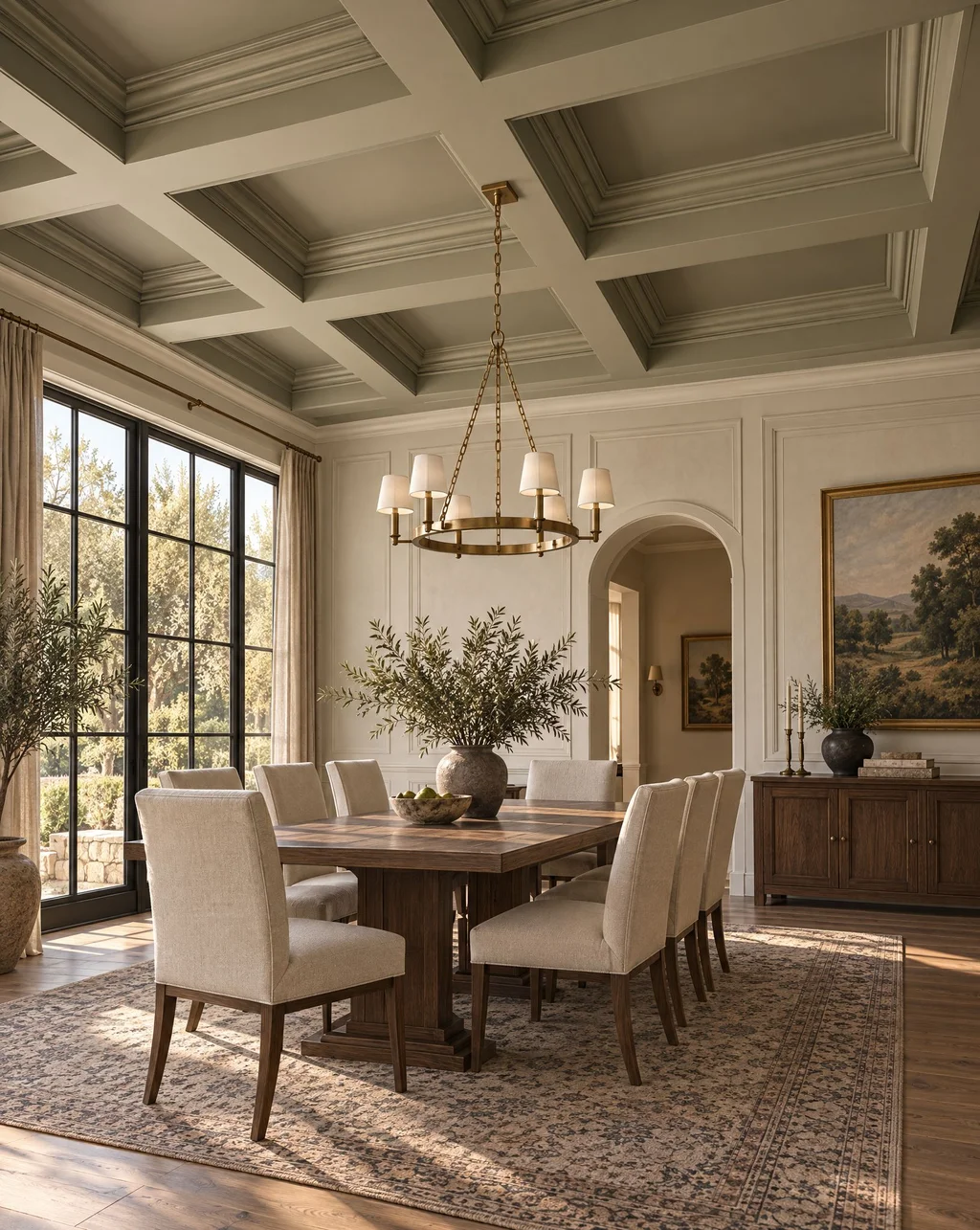 Painted coffered ceiling above a dining room with a chandelier