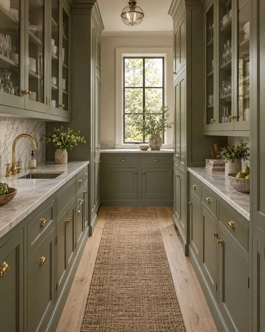 Galley butler's pantry with sage-green cabinets, glass-front uppers and a brass prep faucet