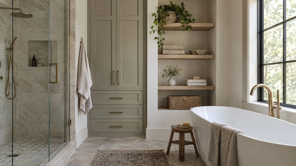 A bathroom with built-in niche shelving and a painted linen tower