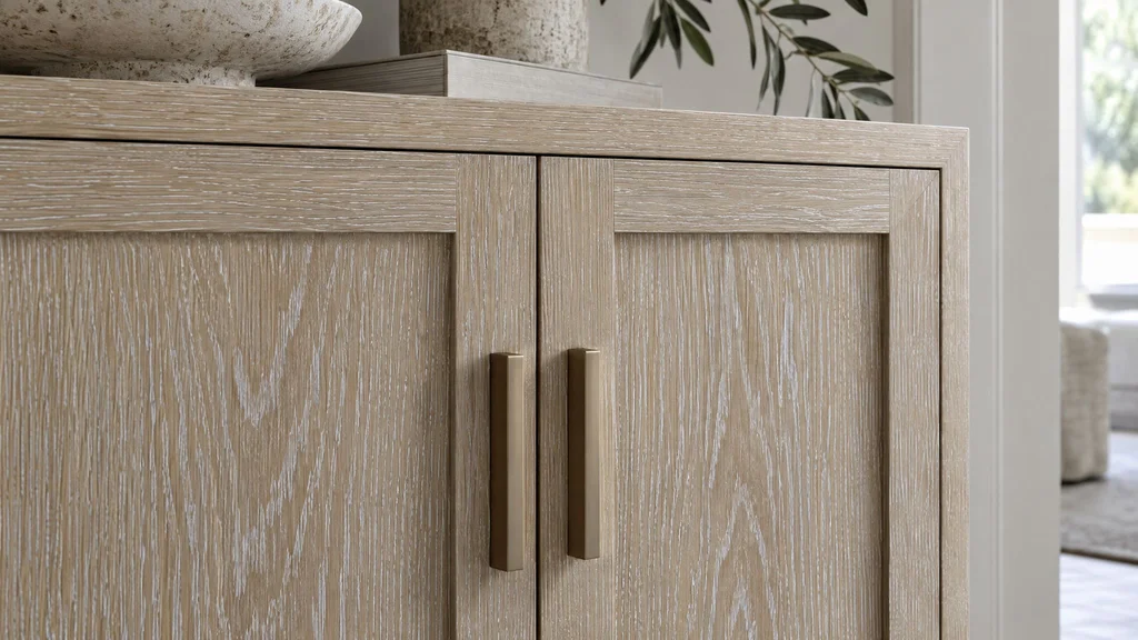 Close-up of cerused oak cabinet doors with white pigment in the open grain
