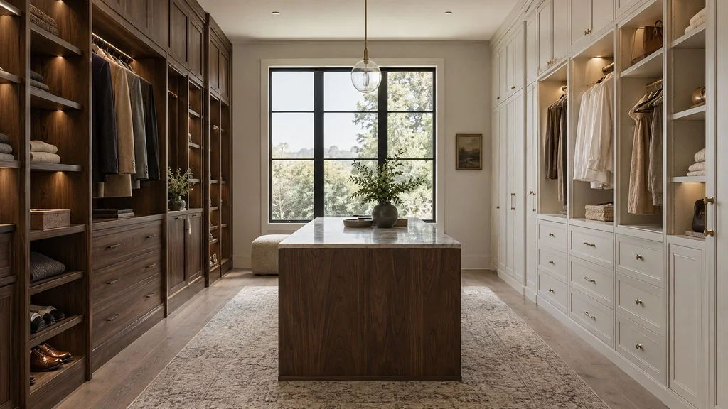 A shared walk-in closet with two halves: dark walnut wardrobes on one side and light painted wardrobes on the other