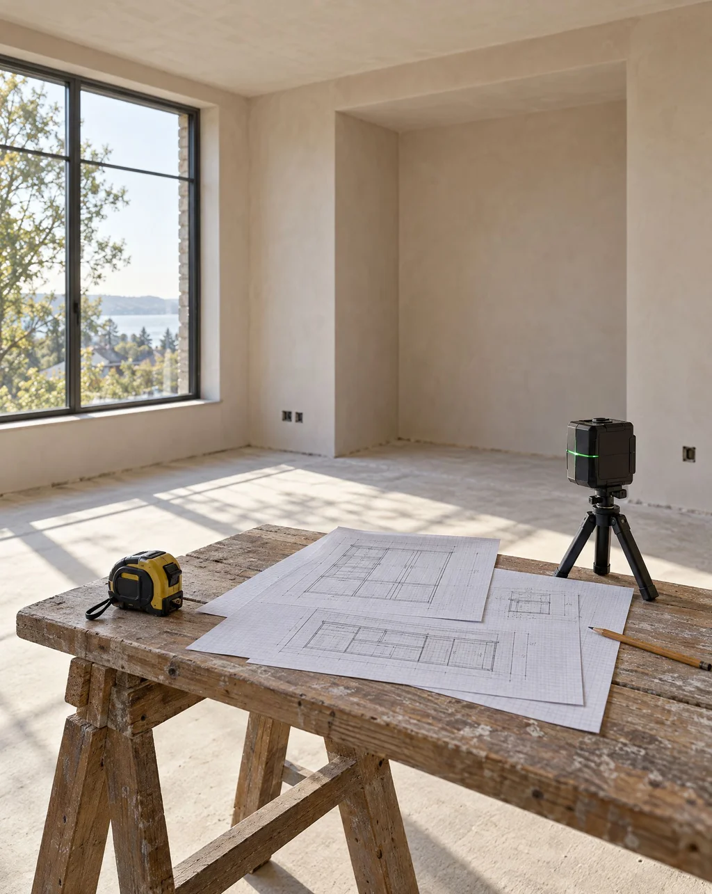 Tape measure, laser level and sketches on a sawhorse in a room prepared for new millwork