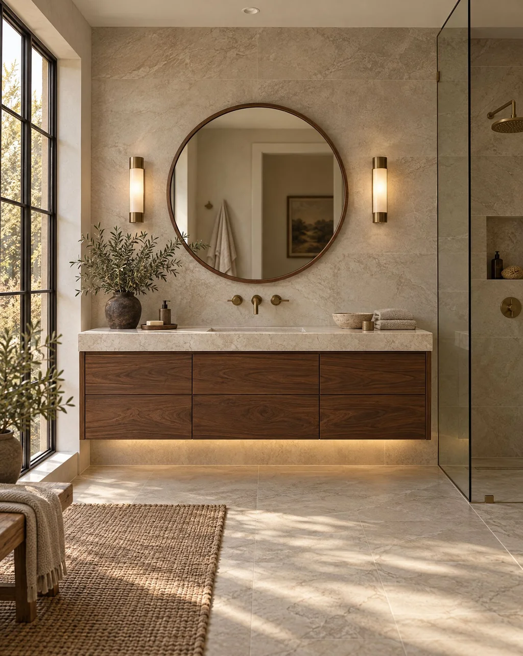 Floating walnut vanity with a softly lit toe space and a round mirror