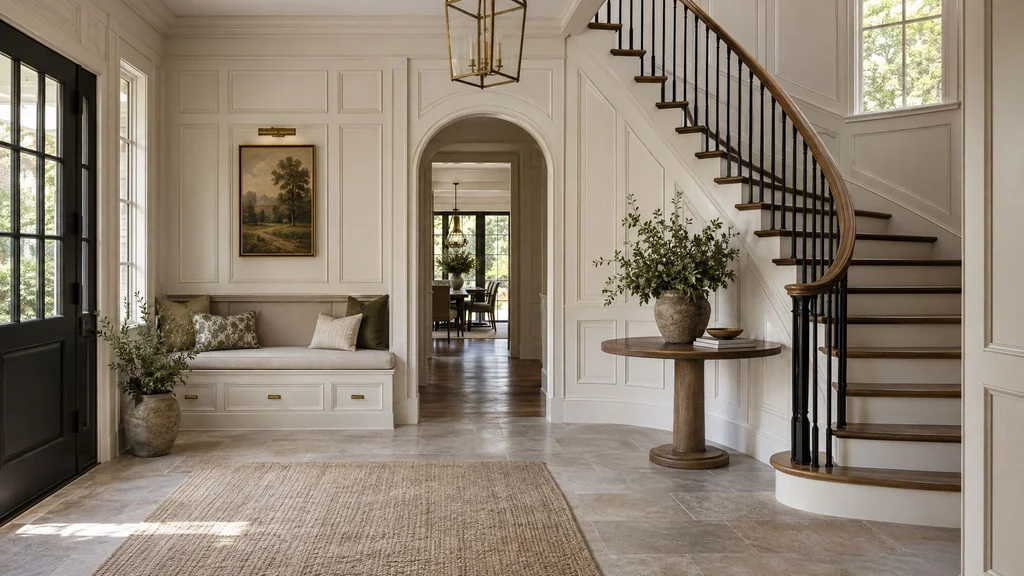 An entry hall with paneled walls, a built-in bench and a curving staircase