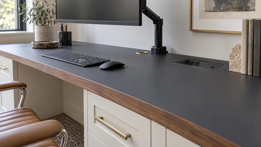 Close detail of a matte Fenix desk top with a solid walnut edge, brushed brass cable grommet, and flush in-desk power unit