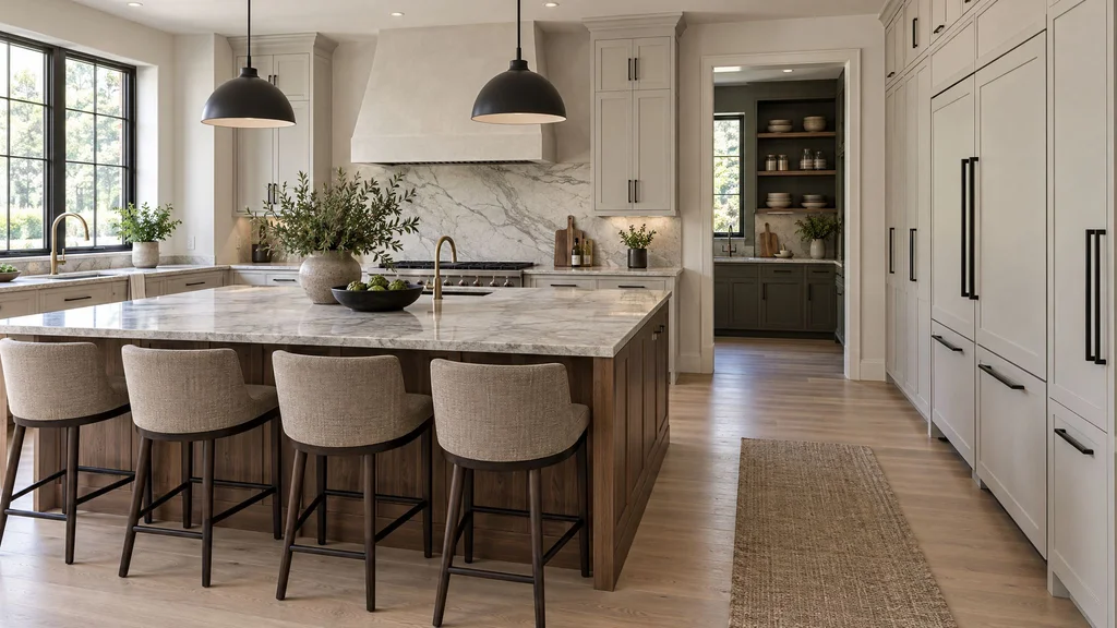 Open-plan New Jersey kitchen with a walnut island, painted tall cabinet wall, and integrated refrigerator panels