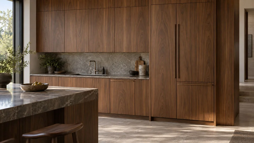 A kitchen wall of seamless walnut panels concealing a refrigerator and freezer, with a matching panel-front dishwasher
