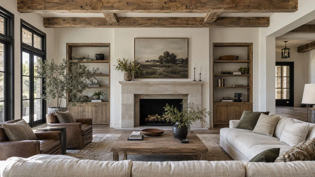A living room with rustic reclaimed wood ceiling beams against a white ceiling